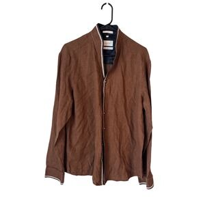 Mebaz Mens Brown Linen Mandarin Collar Button Down Shirt Perforated Detail 42cm